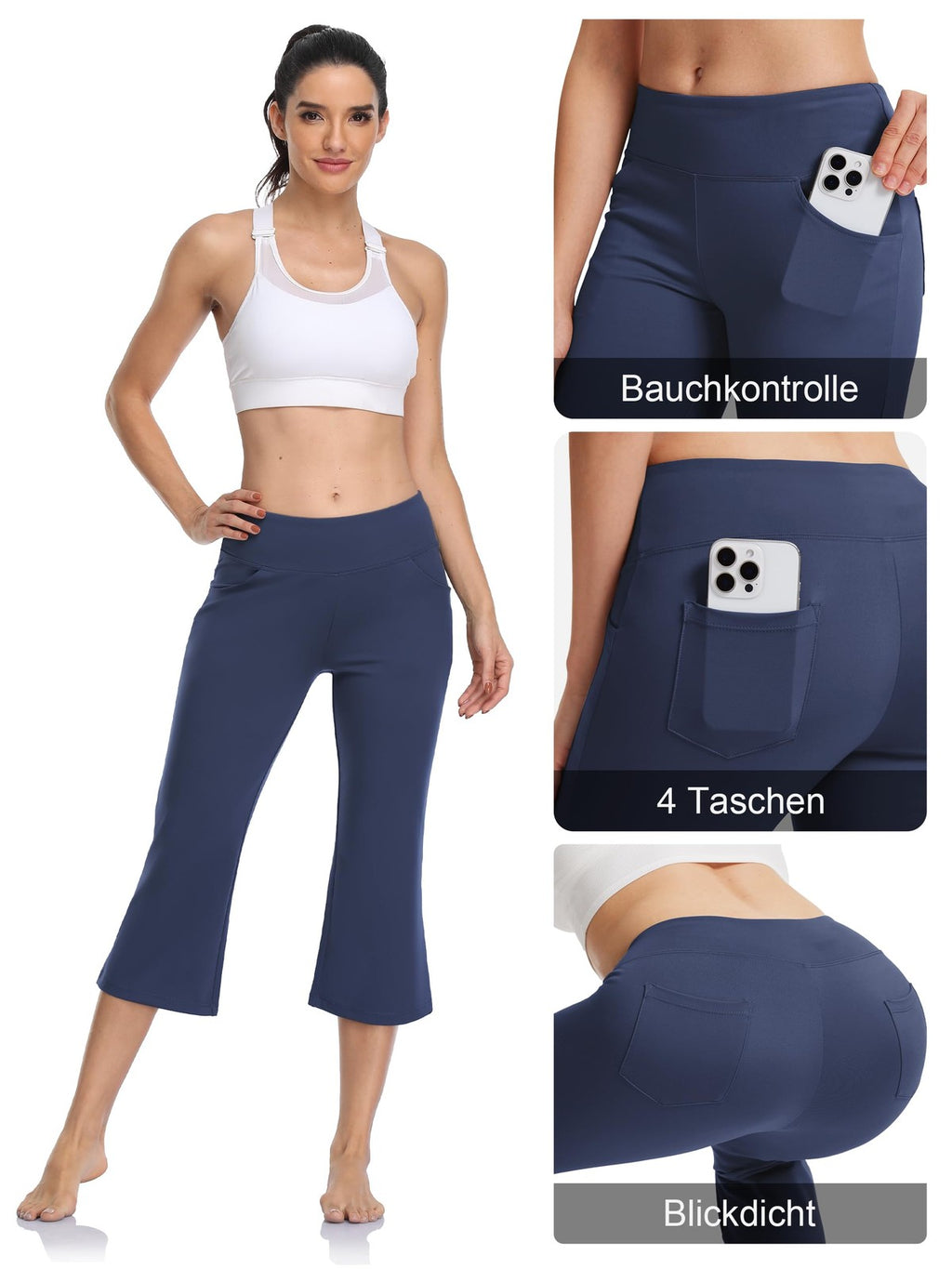 Blue Bootcut Yoga Capris, Women's Medium, 4 Pockets, Tummy Control