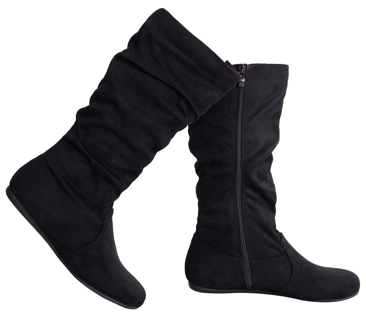 Olivia K Womens Low Heel Mid-Calf Slouchy Suede Casual Boots with Side Zipper