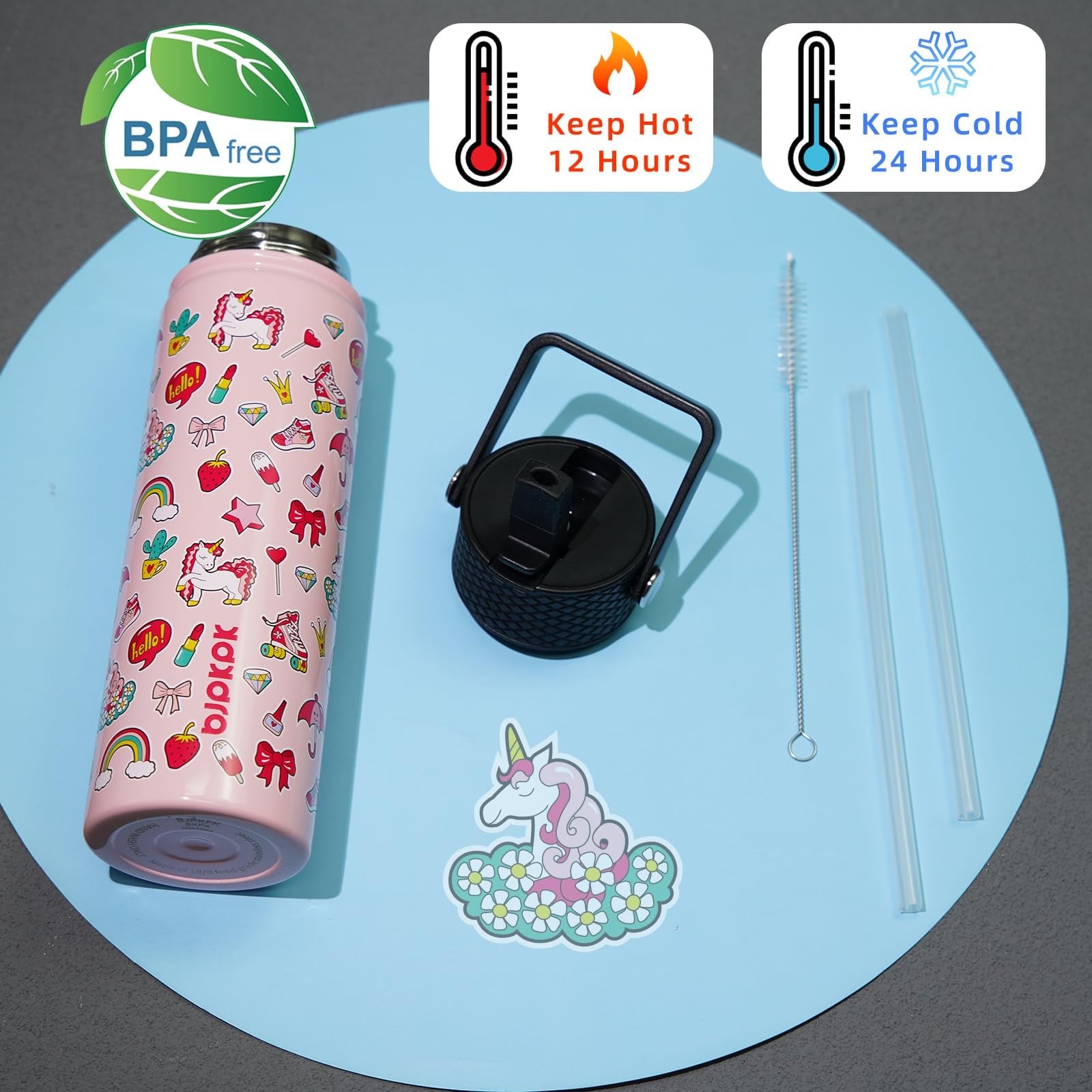 Reusable 22oz Stainless Steel Water Bottle w/ Straw, Unicorn Design