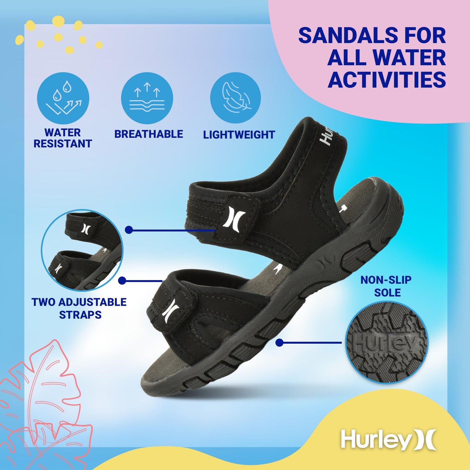 Hurley Loni Toddler Water Shoes, Girls and Boys Open Toe Sandals, Lightweight, B