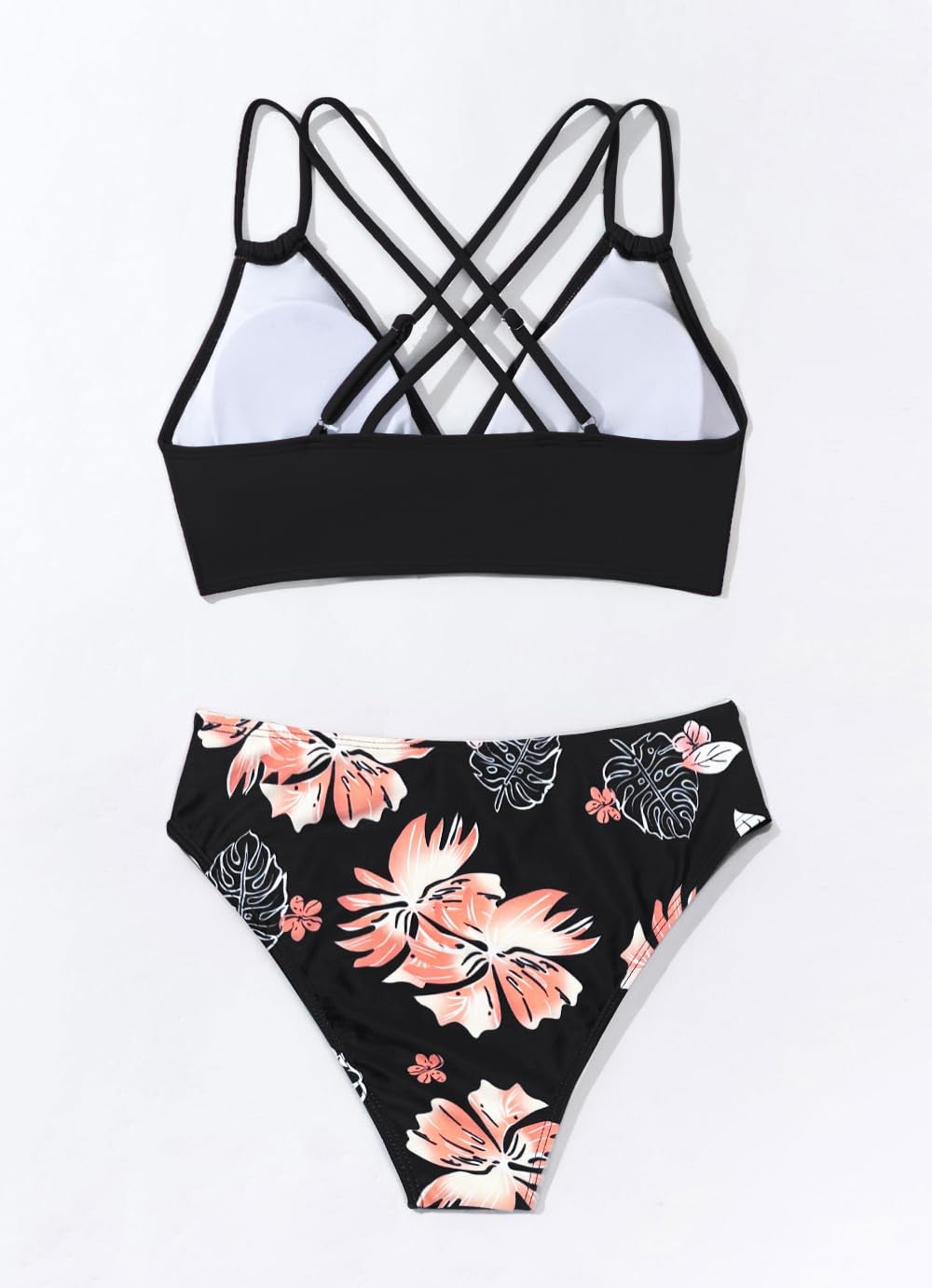 Black Floral Women's Push Up Bikini Set w/ Criss Cross Straps