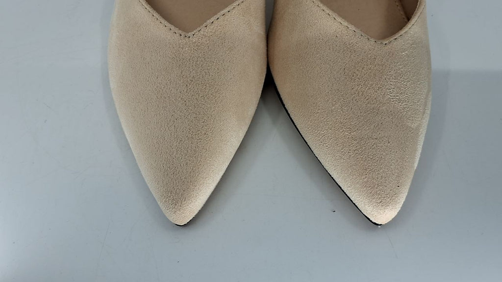Womens 7.5 Low Kitten Heel Pumps Nude Slip On Ankle Strap Cutout