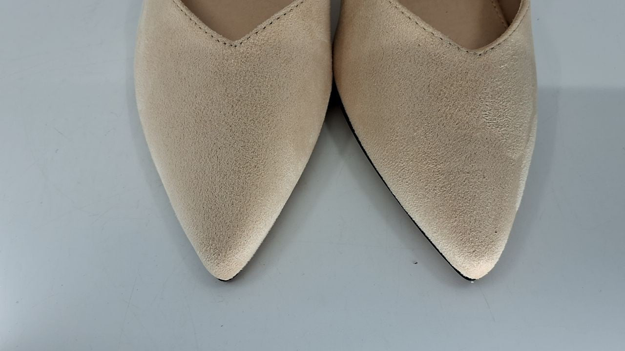 Womens 7.5 Low Kitten Heel Pumps Nude Slip On Ankle Strap Cutout