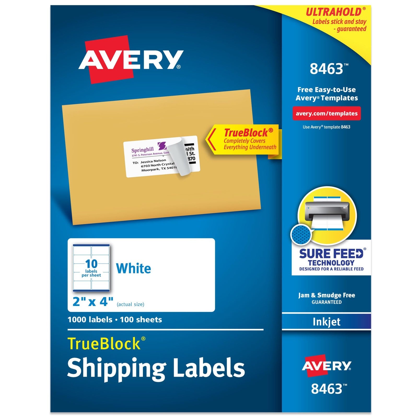 Avery 8463 2" x 4" Printable Shipping Labels, 1,000 White Stickers