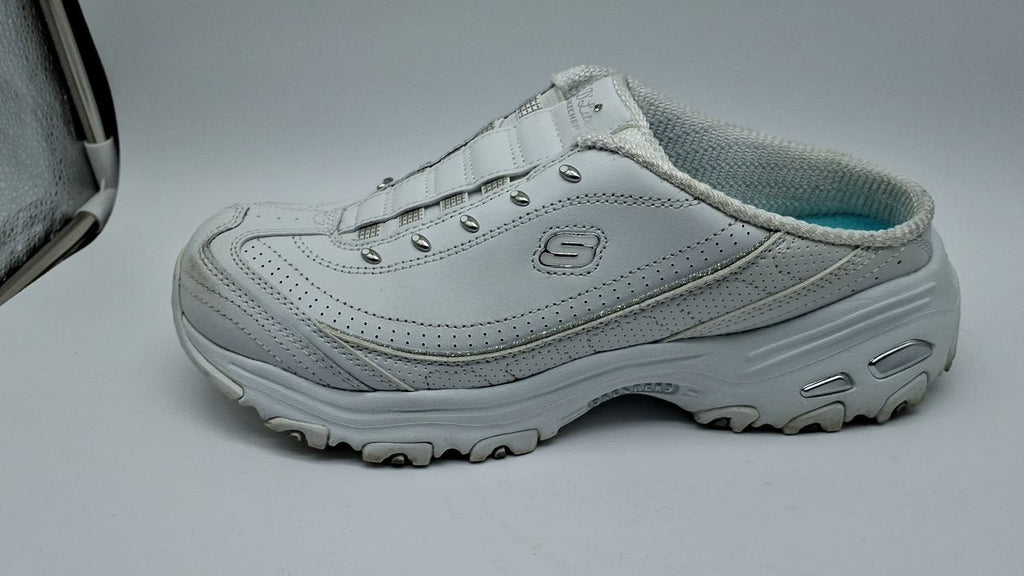 Skechers womens Bright Sky clogs and mules shoes, White/Silver, 9 US