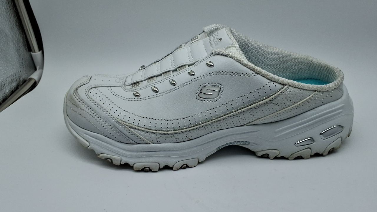 Skechers womens Bright Sky clogs and mules shoes, White/Silver, 9 US