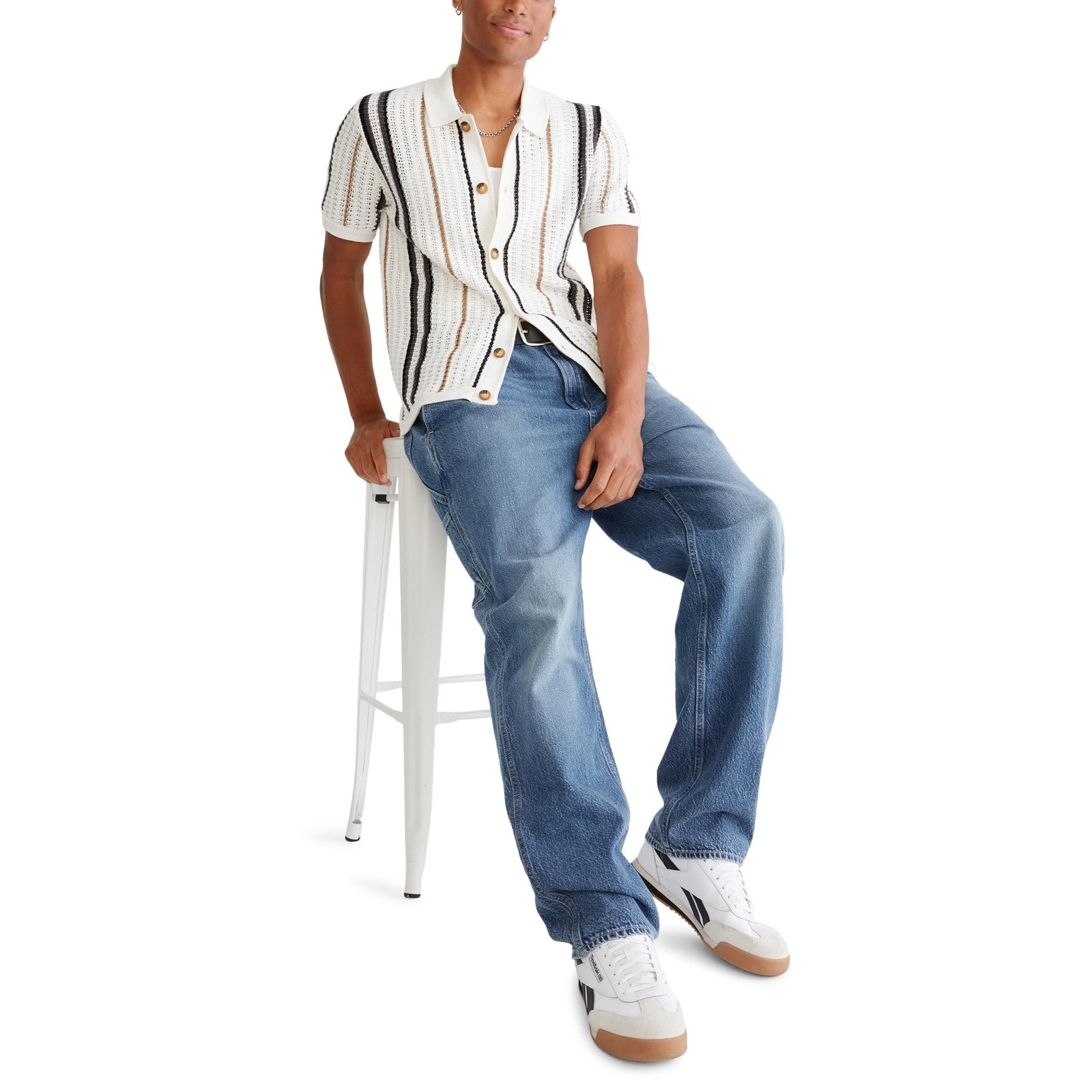 AEROPOSTALE Men's Striped Open-Knit Buttoned Sweater Polo, Blue