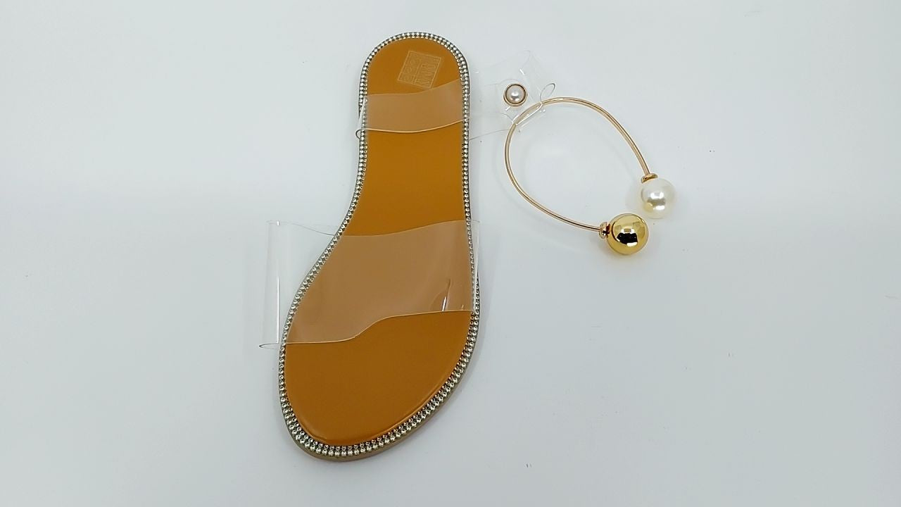 Lightweight Women's Flat Sandals Clear Straps Pearl Decor Apricot 5.5
