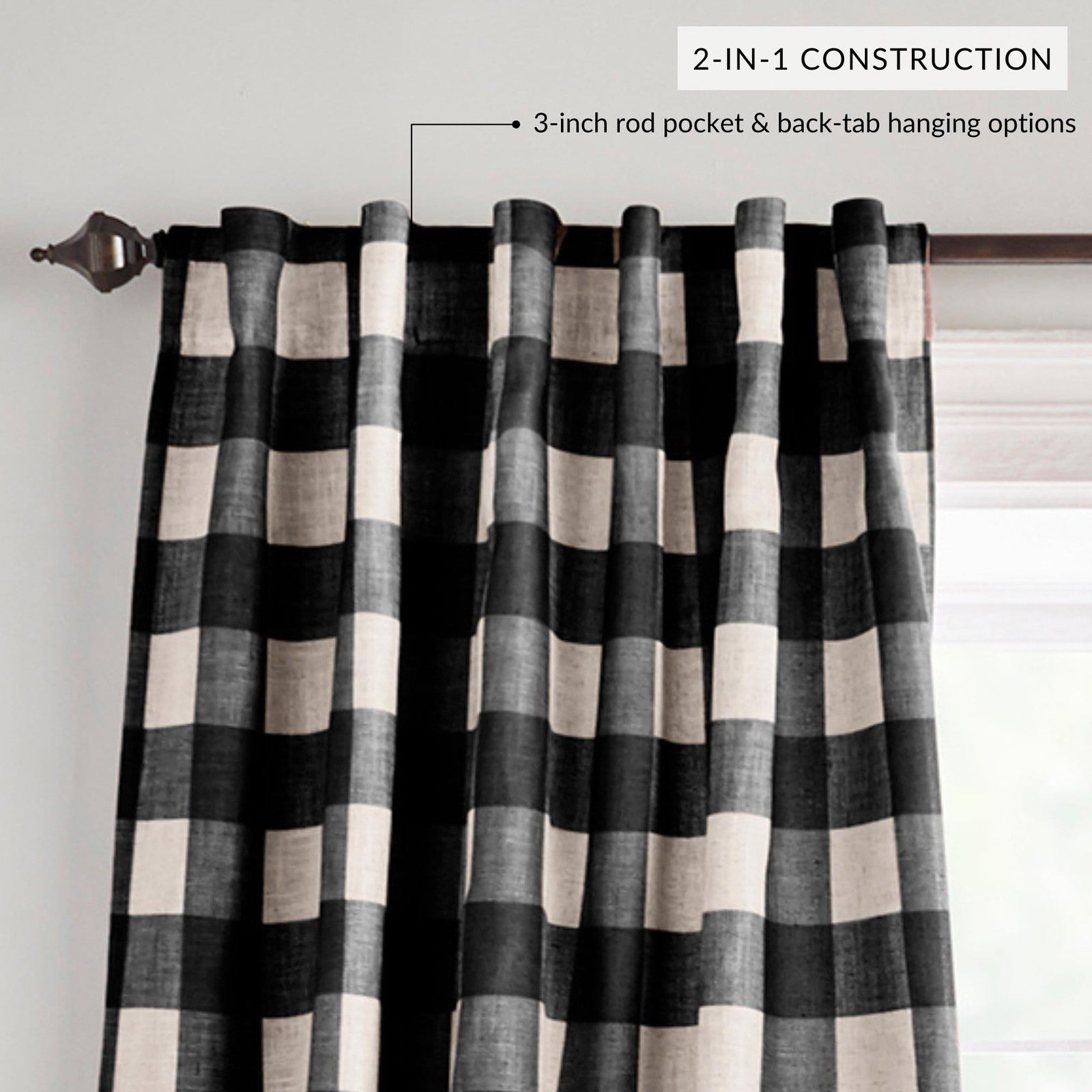 Farmhouse Buffalo-Check Blackout Curtain 52x95 Black Rod Pocket Panel