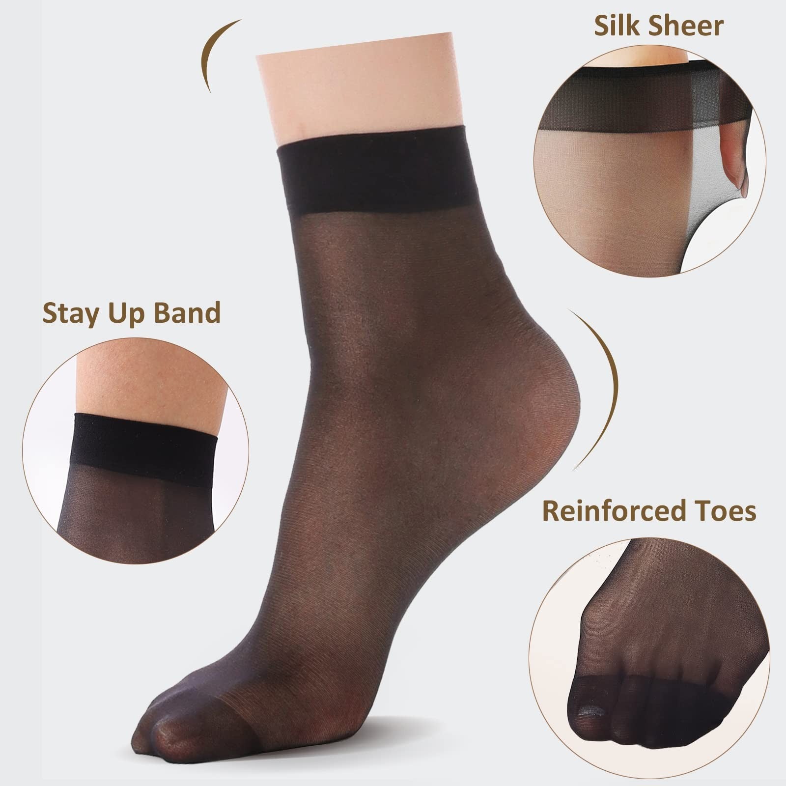 9 Pairs Women's Sheer Ankle Nylon Socks, Reinforced Toe, Black