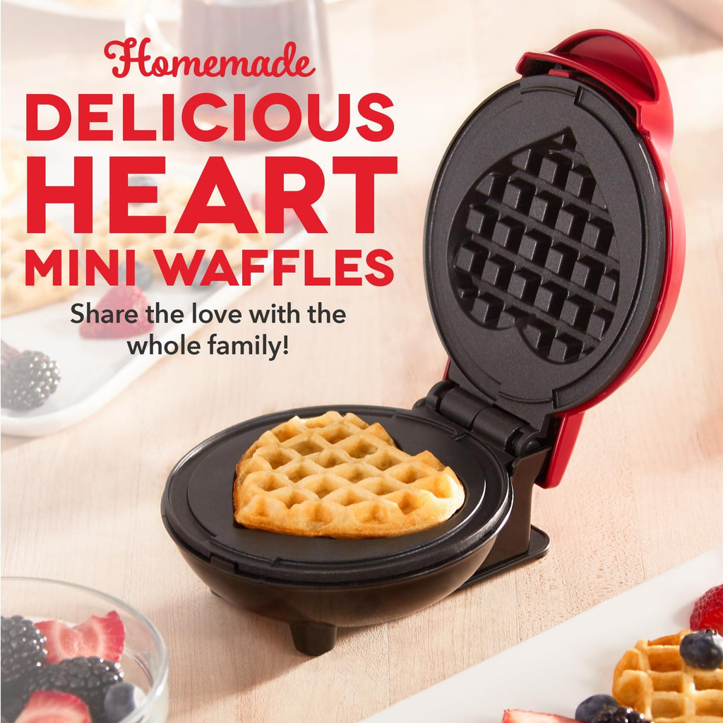 DASH Mini Waffle Maker Machine Red Heart 4 In Non-Stick Cooking Surface