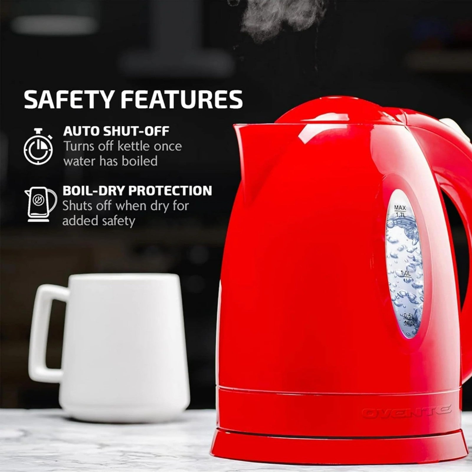 OVENTE Red Electric Kettle 1.7L Fast Boiling w/ Auto Shut-Off Feature
