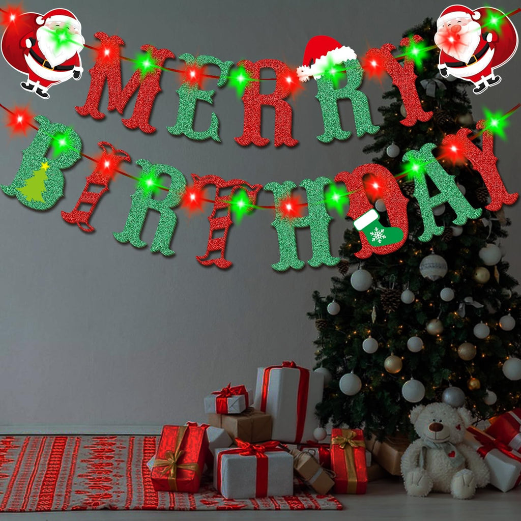 Christmas Birthday Party Banner, Glittery Design w/ Battery Fairy Lights