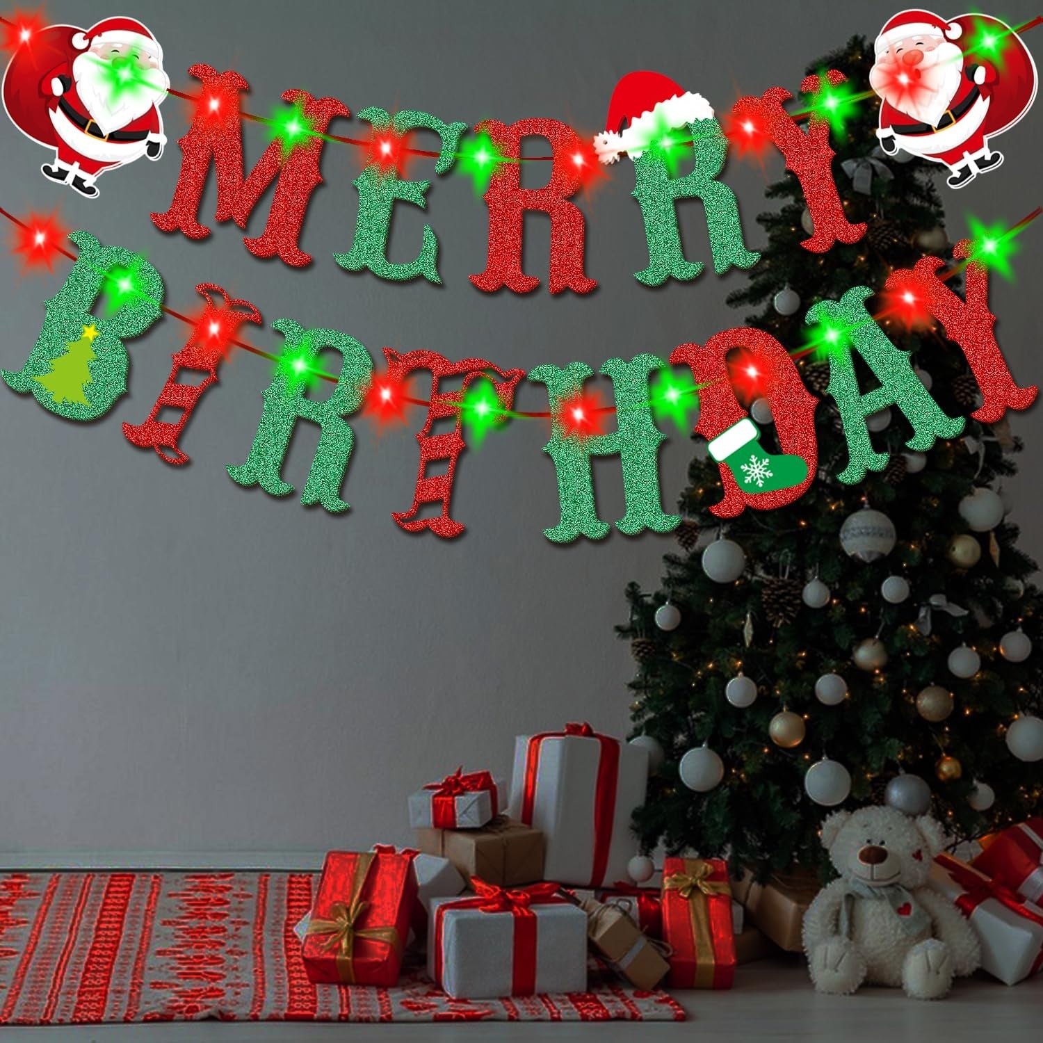 Christmas Birthday Party Banner, Glittery Design w/ Battery Fairy Lights