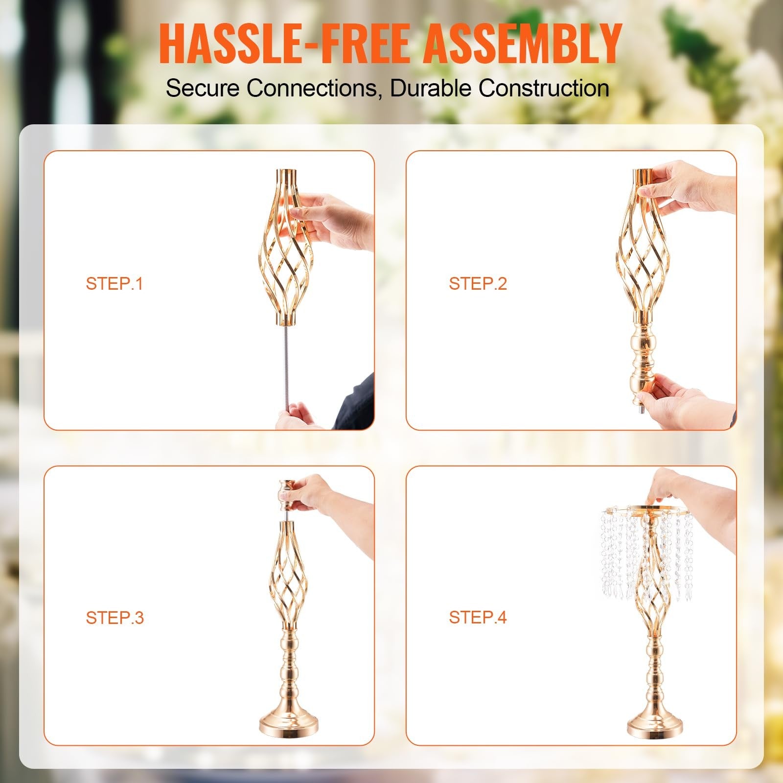 VEVOR Metal Wedding Centerpiece Gold,Crystal,2PCS 55cm/21.65”