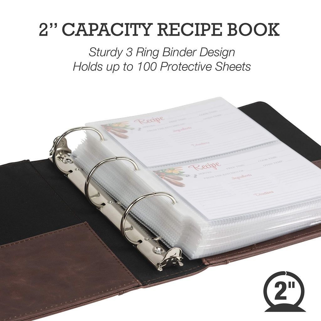 2-Inch Recipe Organizer Binder, Faux Leather, 50 Card Sleeves & Dividers