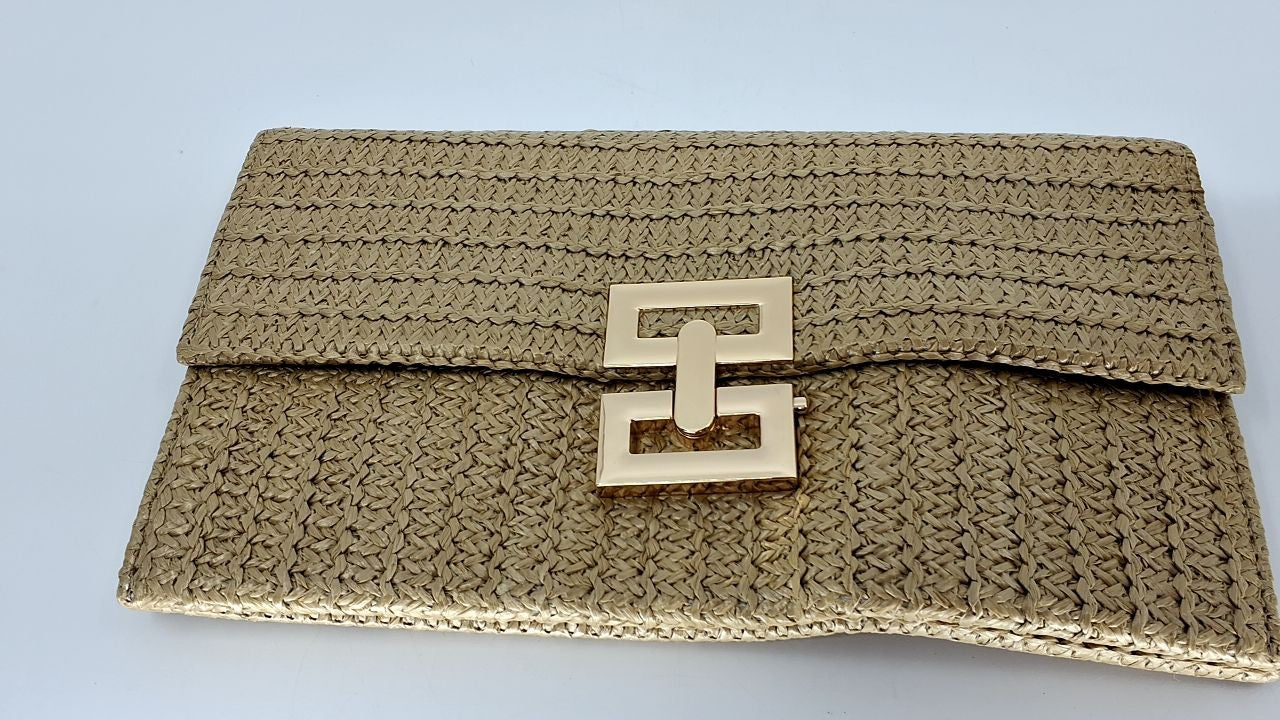 Khaki Straw Clutch Purse 10.2x5.9in Woven Beach Bag w/ Strap