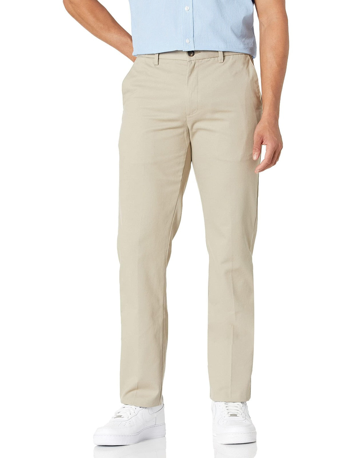 Slim-Fit Flat-Front Chino Pants, Khaki Beige, 40W x 34L, Cotton Blend