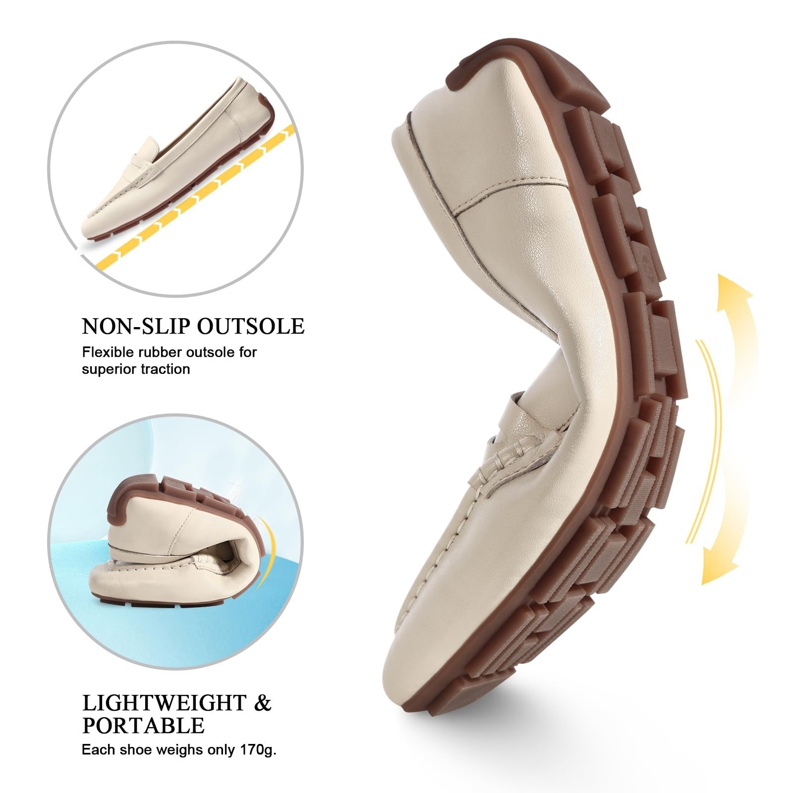 Comfortable Women's Beige Loafers, Slip On, Square Toe, Lightweight