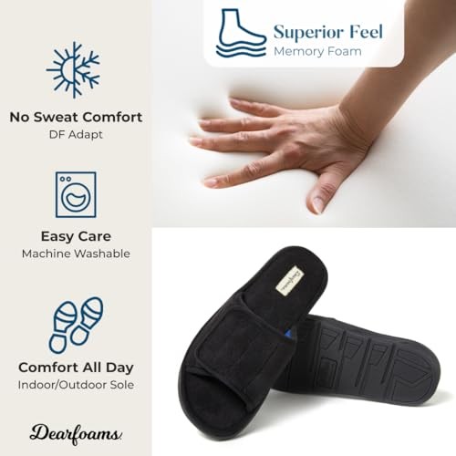Dearfoams Men's Adjustable Memory Foam Slide Slipper, Black, 9-10