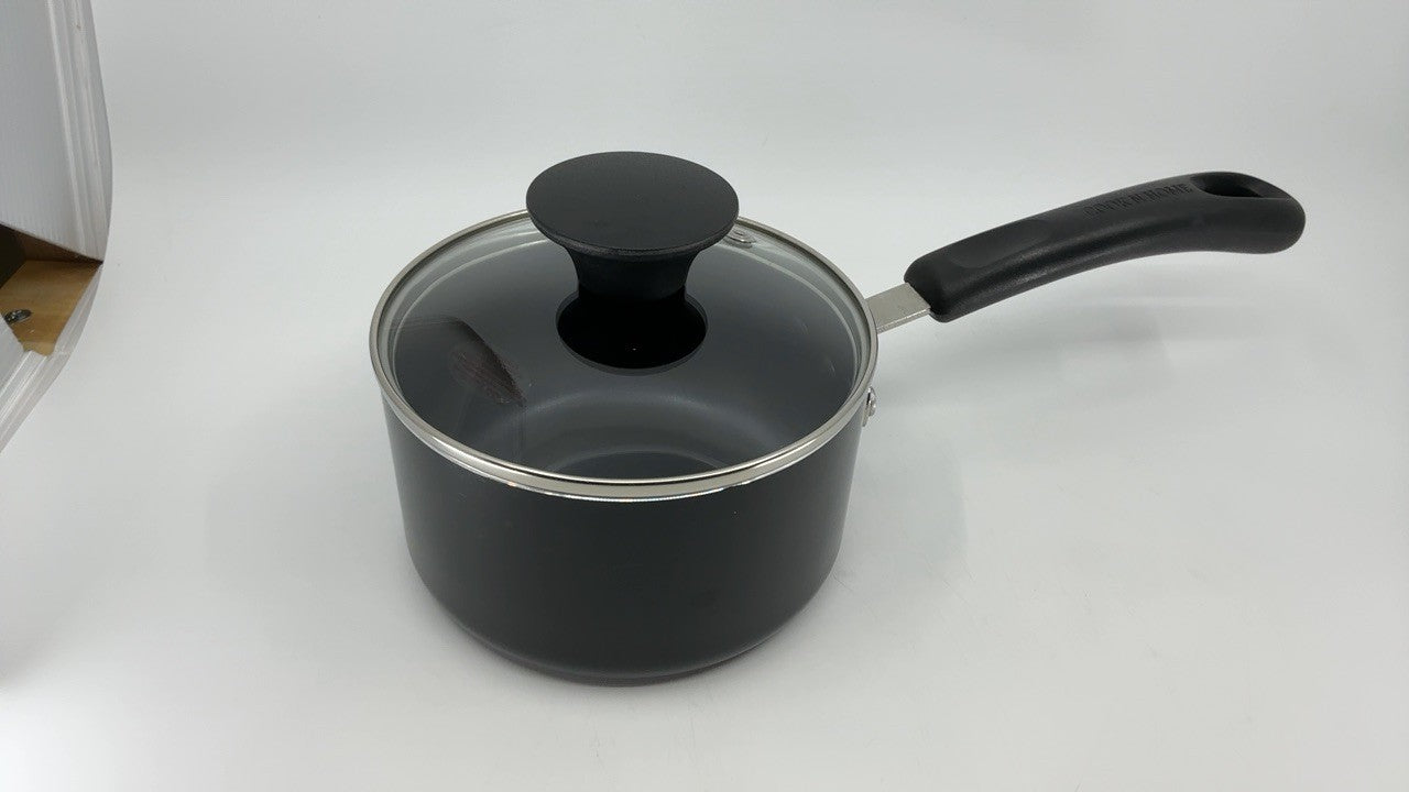 Nonstick Sauce Pan 1 Quart w/ Glass Lid, Black Aluminum Cookware