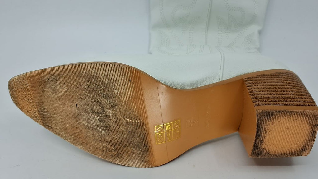 Embroidered White Cowboy Boots for Women, 8 Wide, Chunky Heel, Knee High