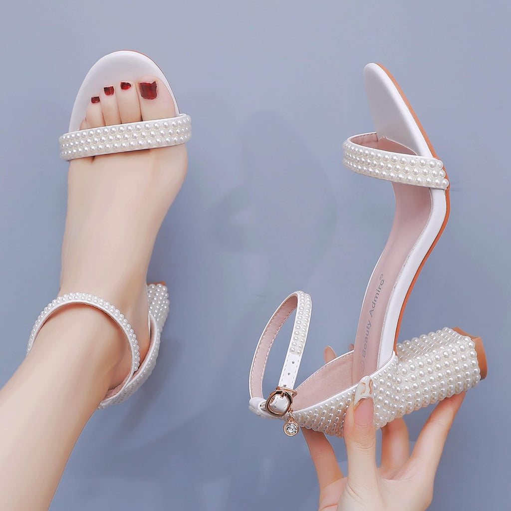2.95'' Pearls Block Heels Sandals Beige 8 Peep Toe Rhinestone Pumps