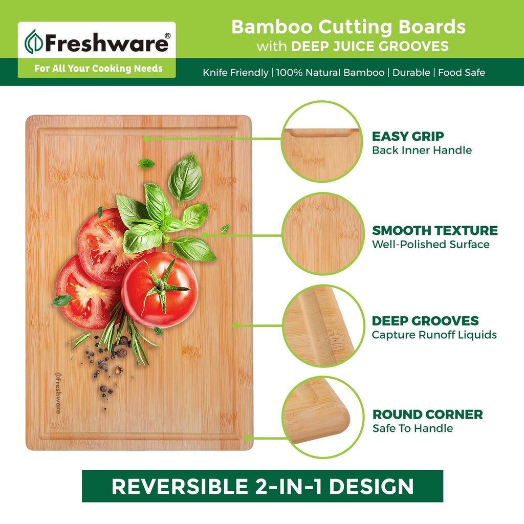 Organic Bamboo Cutting Boards Set of 3, 9x6, 12x8, 15x10, Juice Grooves