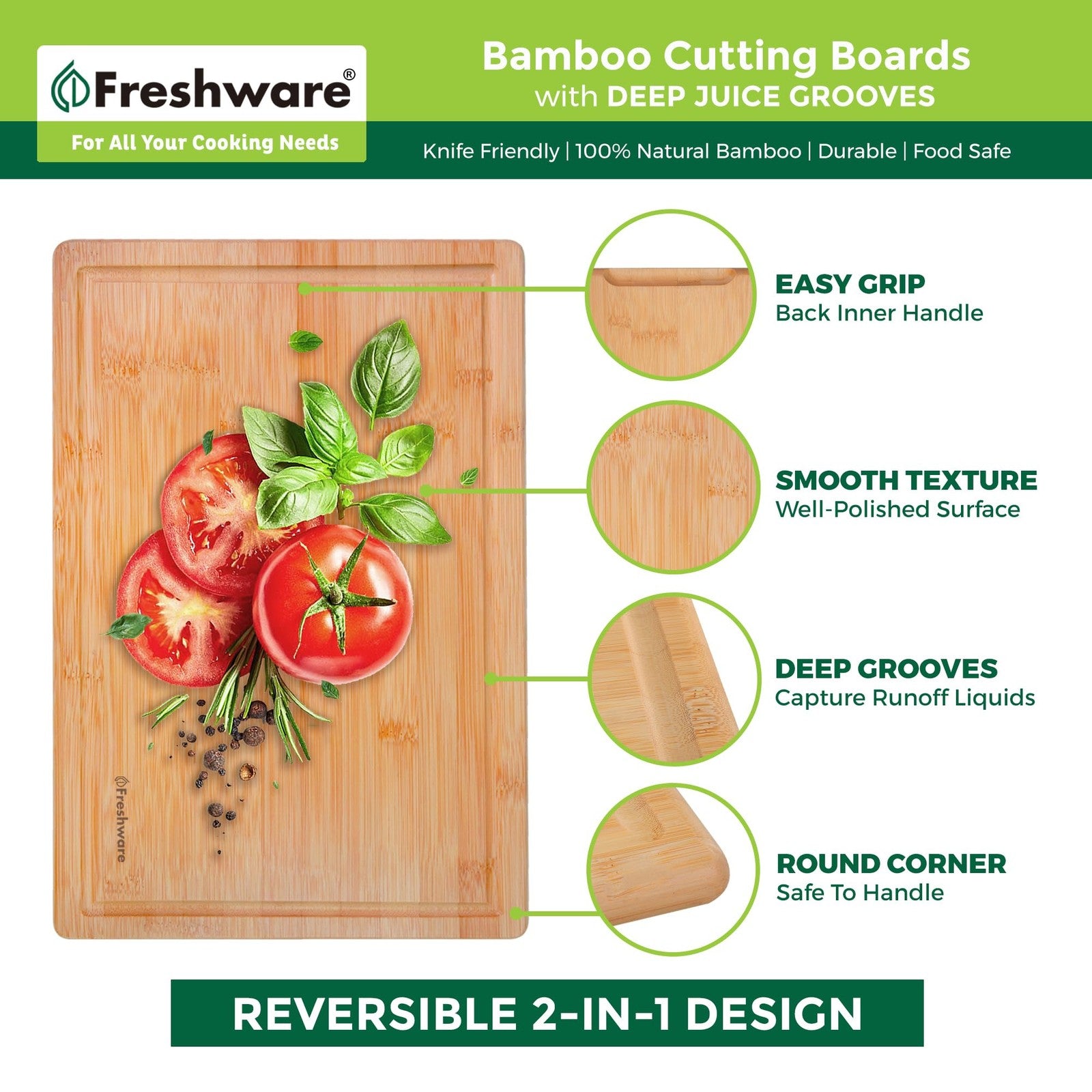 Organic Bamboo Cutting Boards Set of 3, 9x6, 12x8, 15x10, Juice Grooves