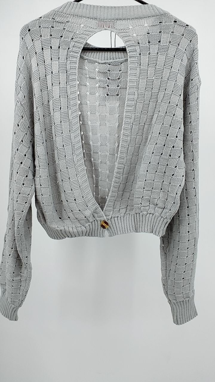 Cutout Back Openwork Round Neck Long Sleeve Sweater