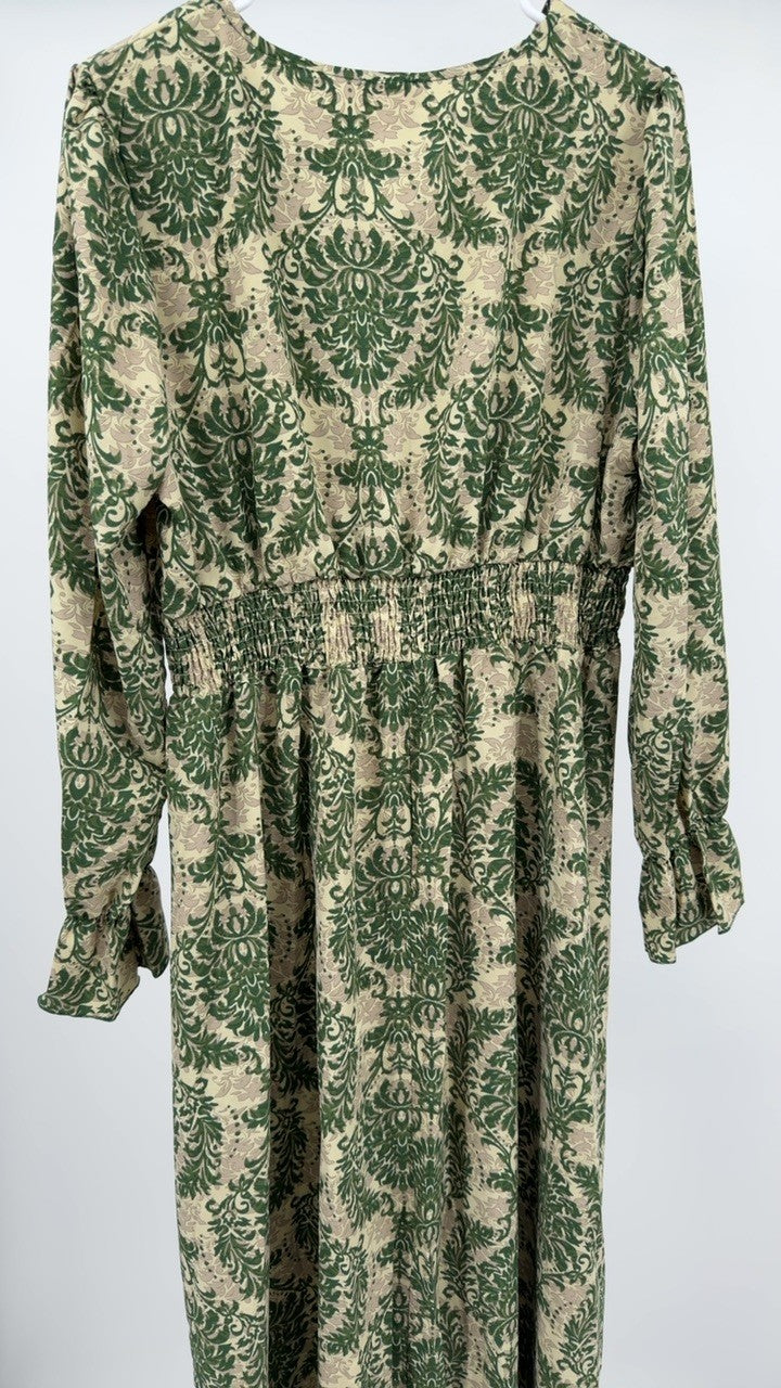 Smocked Printed V-Neck Flounce Sleeve Dress