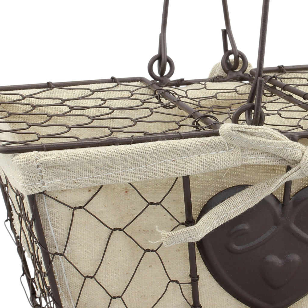 Decorative Metal Picnic Basket w/ Wooden Handles & Cream Fabric Liner
