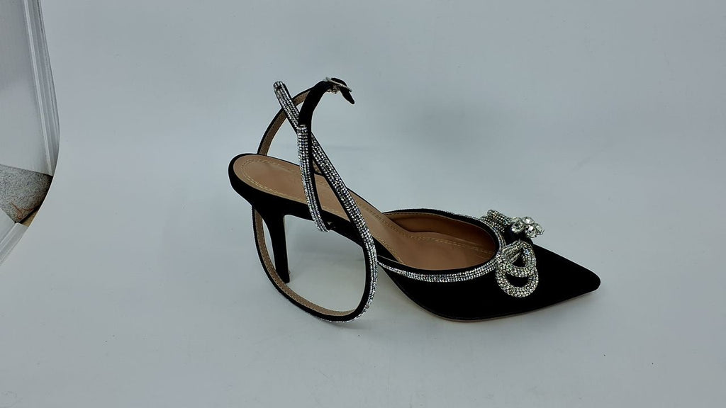 Women's Rhinestone Bow Heels Ankle Strap Sandals Black Size 8