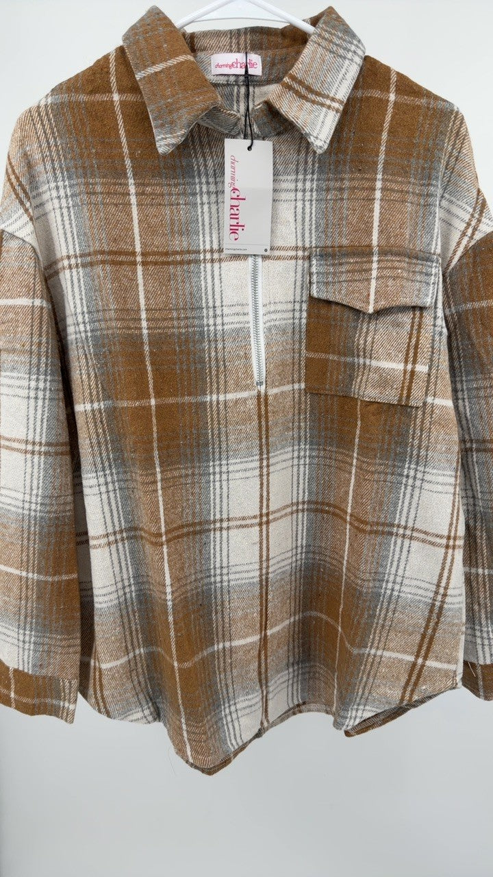 Plaid Collared Neck Half Zip Long Sleeve Top