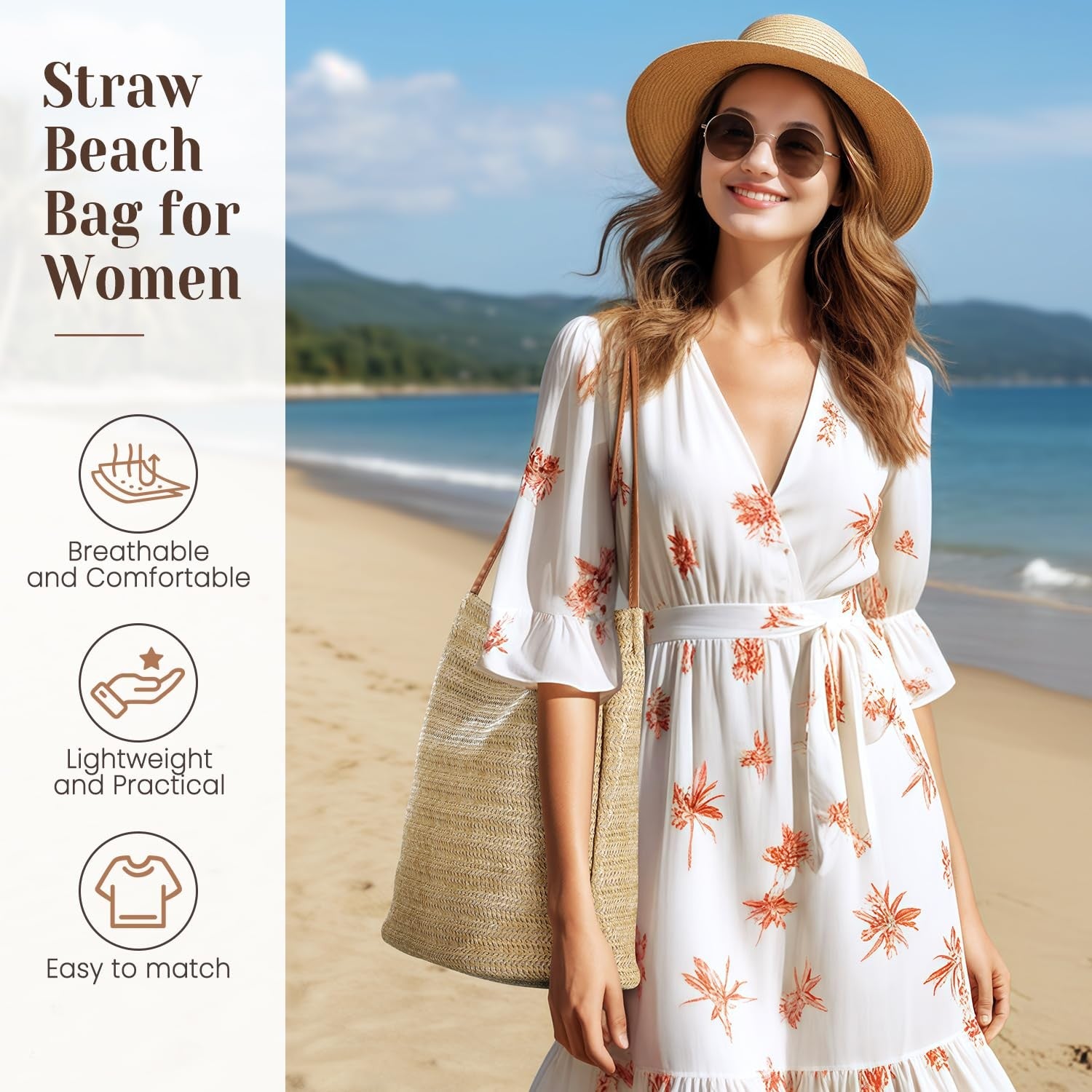 Versatile Khaki Straw Purse, Lightweight Beach Tote Bag for Women