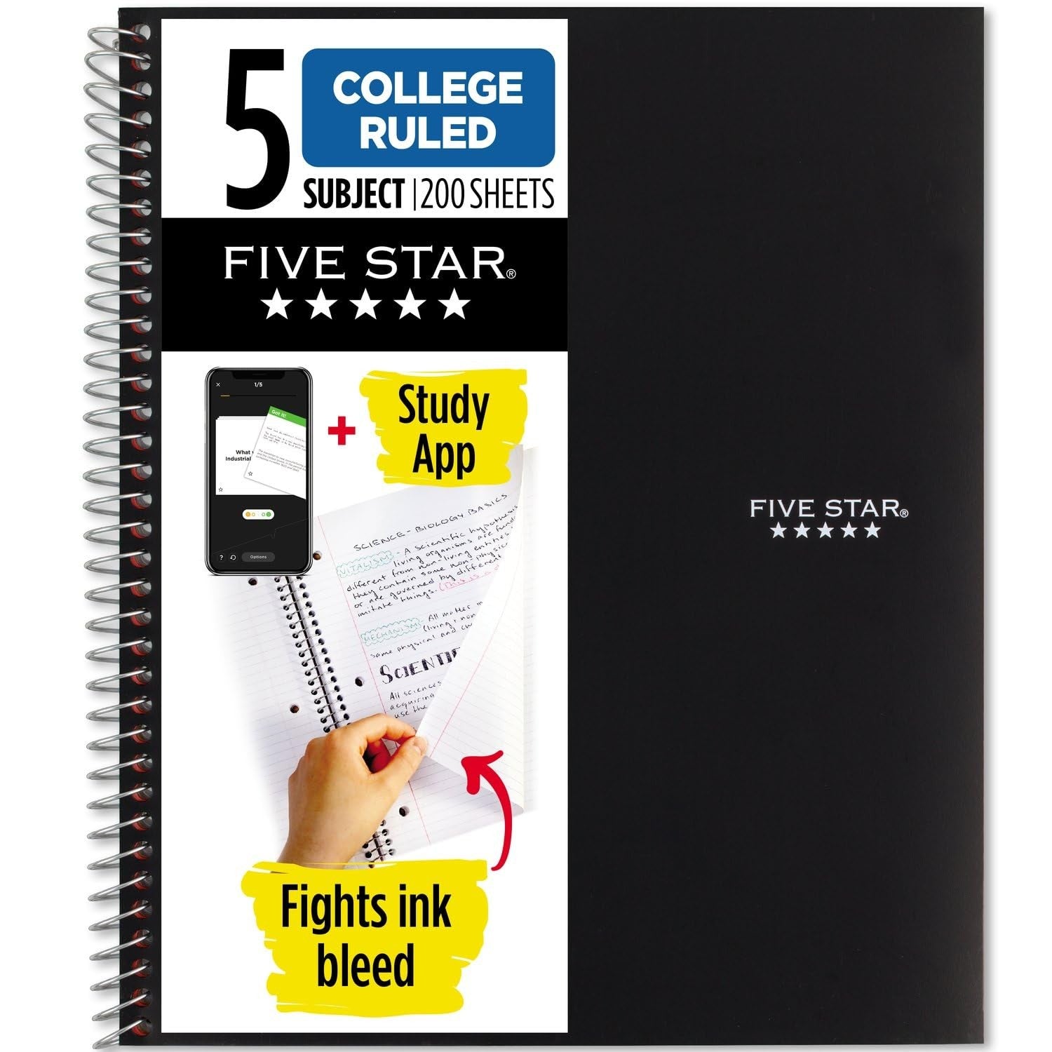 Five Star 5 Subject Spiral Notebook, 200 Sheets, Black, 8.5x11 in