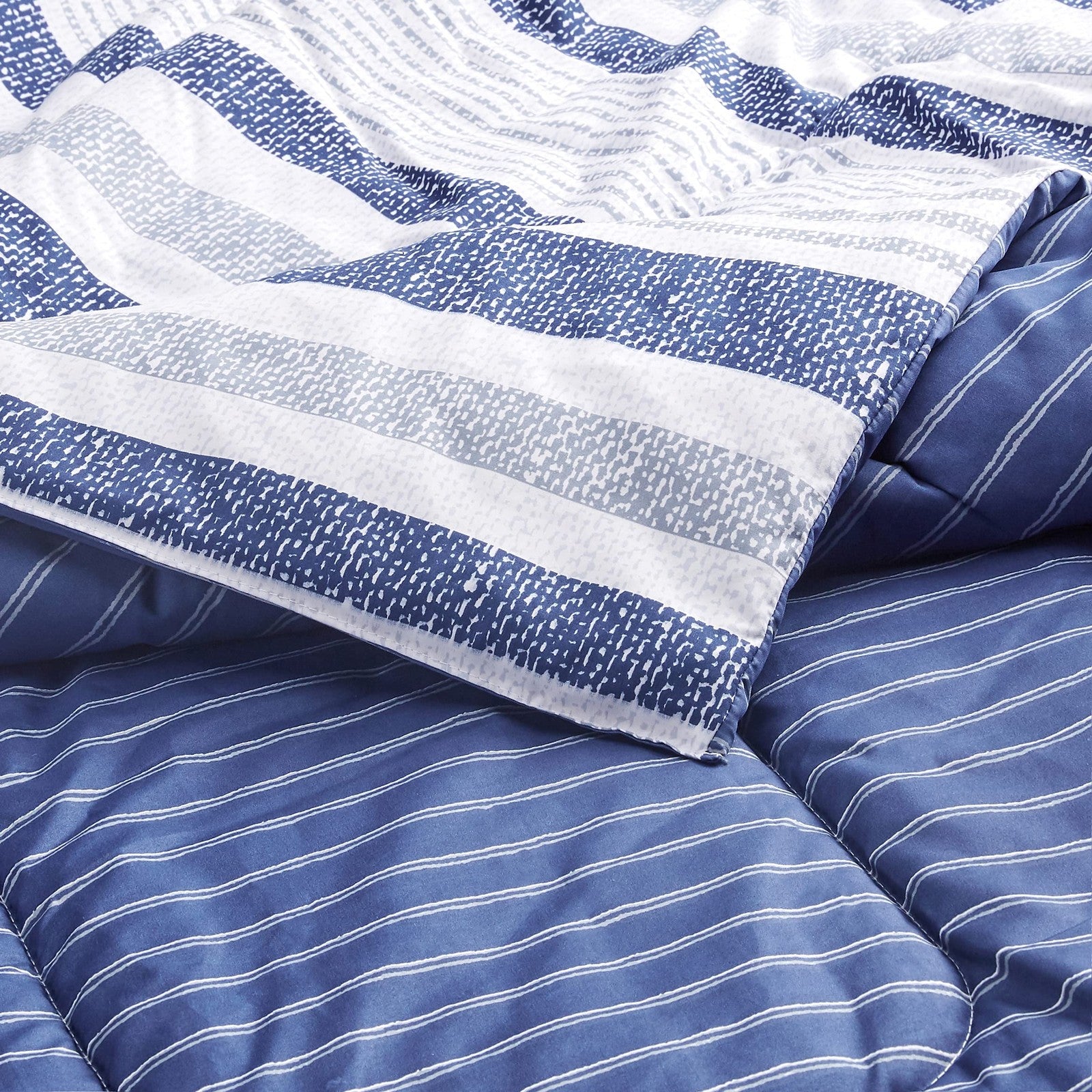 Twin/Twin XL Comforter Set, Reversible Microfiber, Blue Denim/Beige Stripes