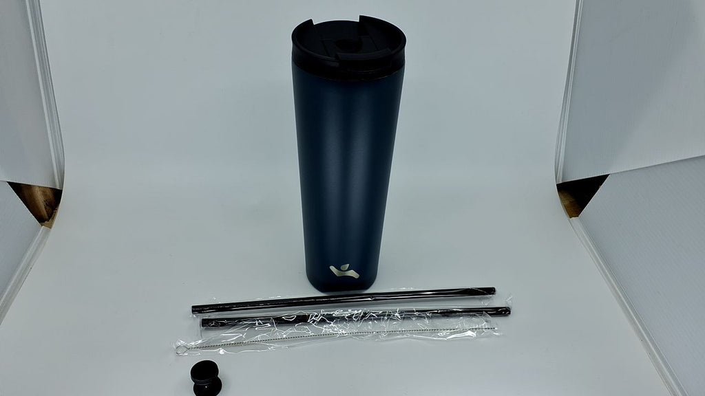 30 OZ Insulated Travel Mug w/ Lid & 2 Straws, Navy Blue Stainless Steel