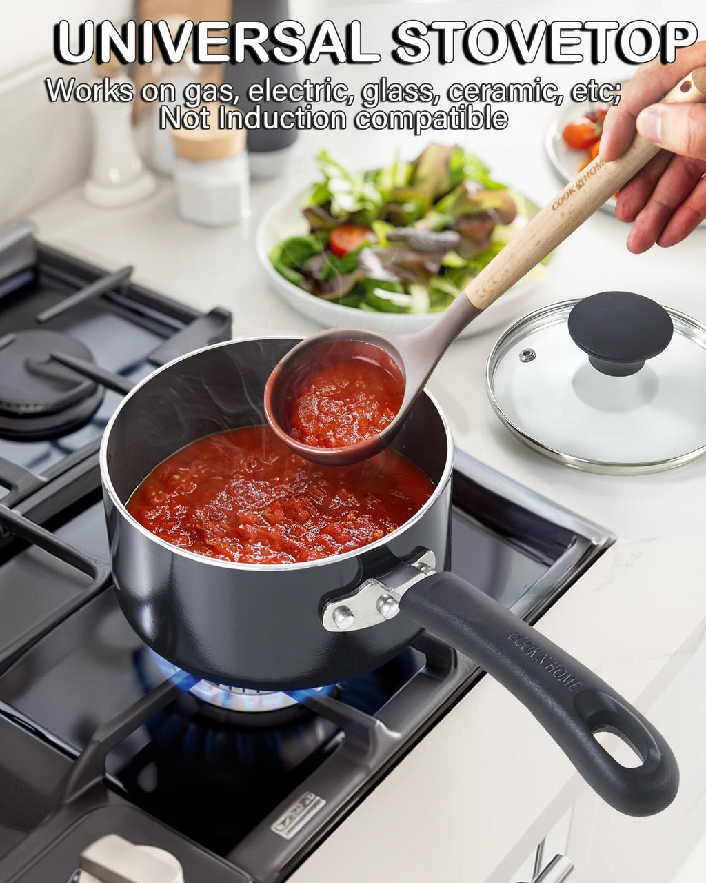 Nonstick Sauce Pan 1 Quart w/ Glass Lid, Black Aluminum Cookware