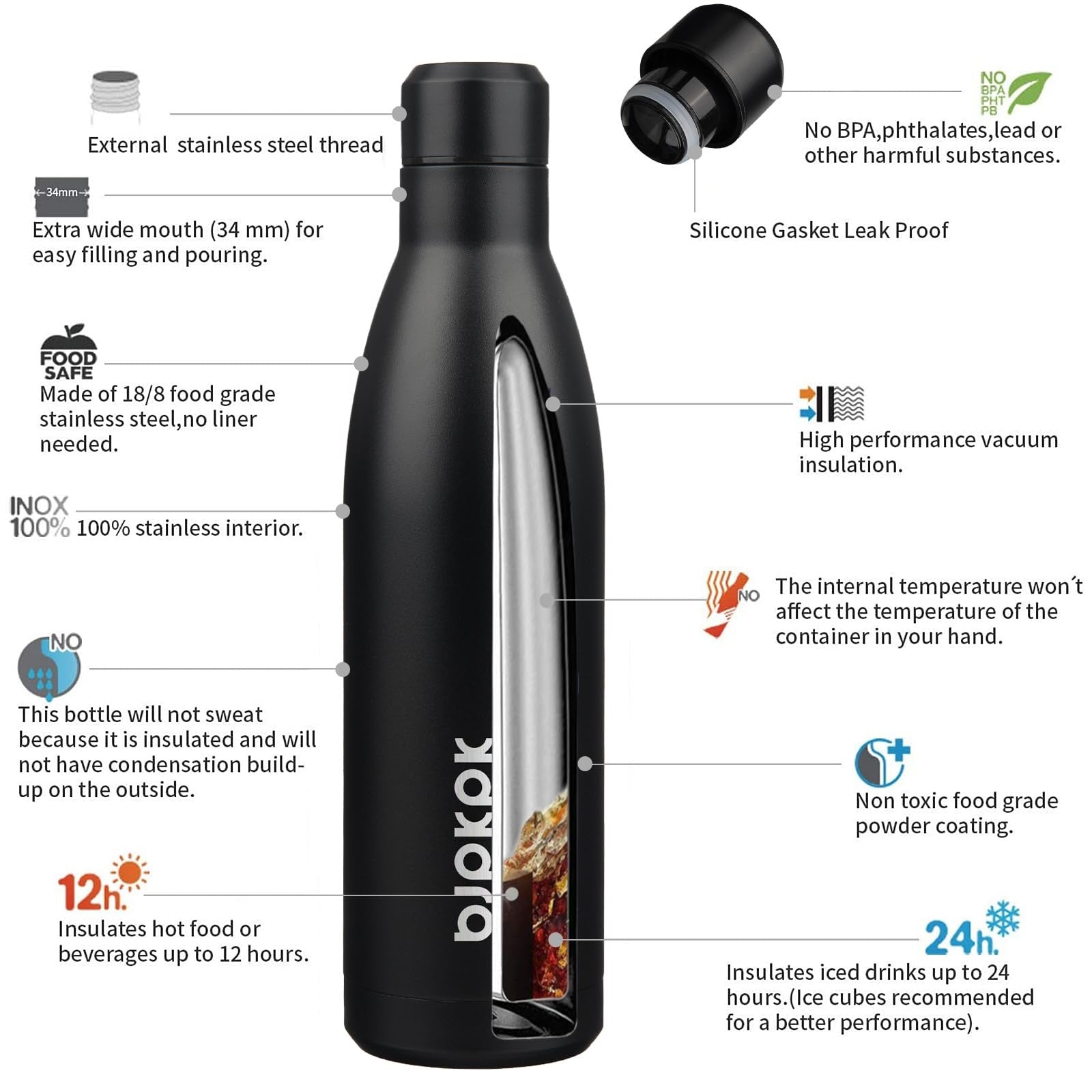 25oz Sports Water Bottle, Stainless Steel, Keeps Cold & Hot, Black