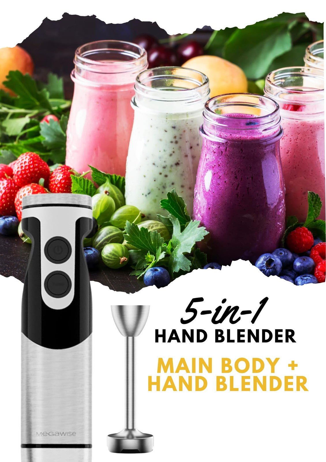 MegaWise Black Immersion Blender 5-in-1, 400W, 12-Speed, w/ Accessories