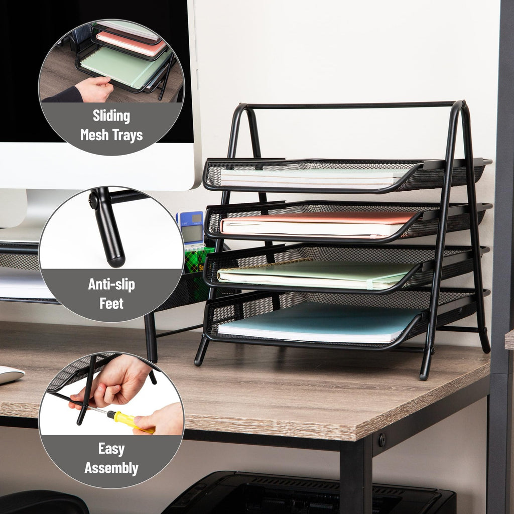 Black 4-Tier Paper Tray, Desk Organizer, Metal Mesh, 12L x 13.75W x 12.5H