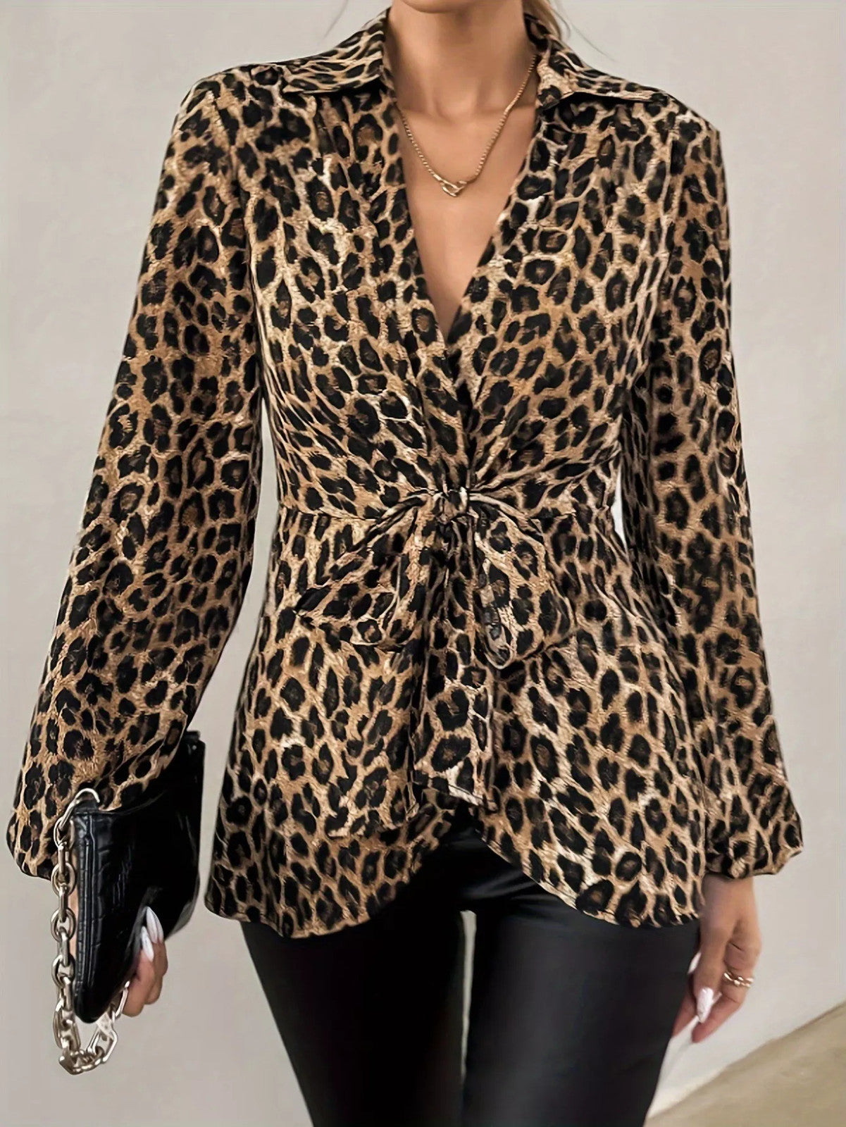 Leopard Print Tie Front Long Sleeve Blouse