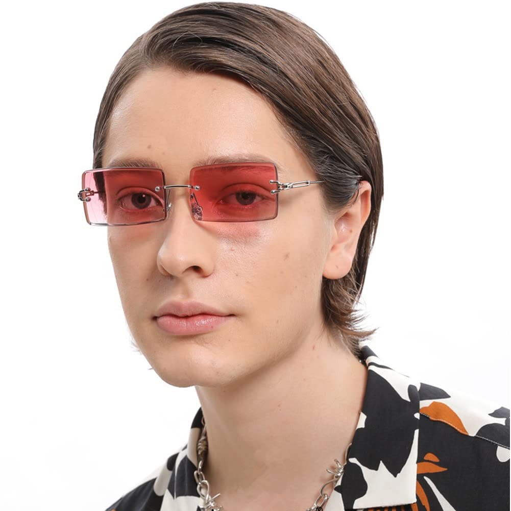 Frameless Vintage Sunglasses, Red, Lightweight Metal, UV400 Protection