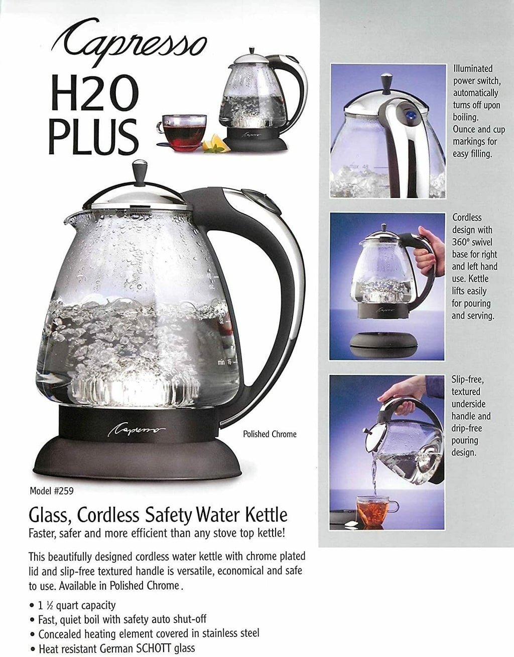 Capresso 259 Water Kettle, 10" x 8.25" x 6.25", Polished Chrome