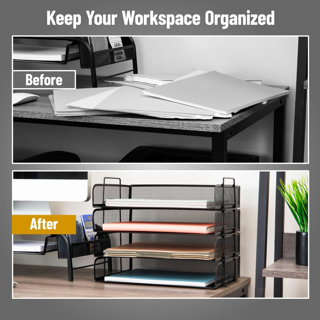 Black Stackable Paper Tray Set, 4 Pcs, Metal Mesh, Office Storage