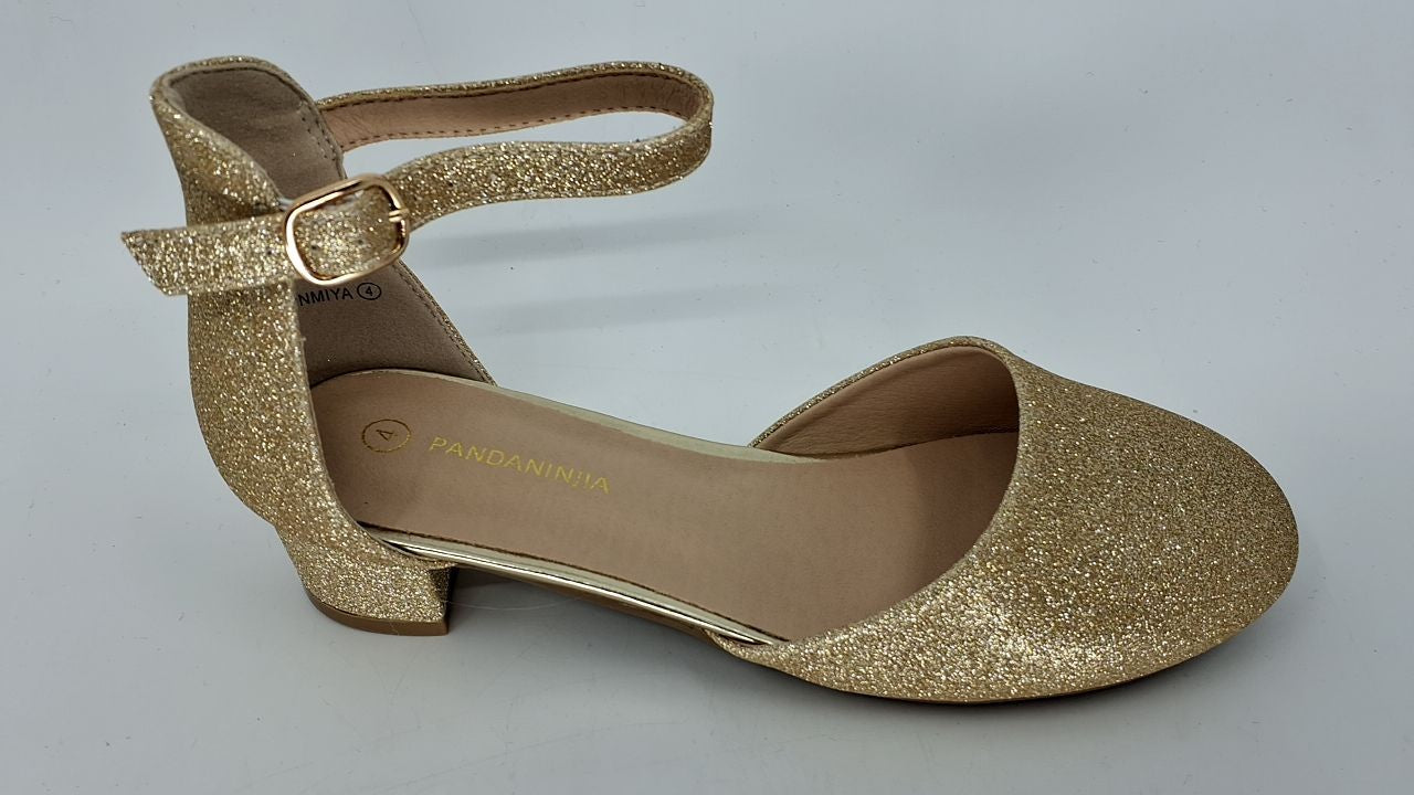Toddler Girls Gold Glitter Heels 4 Big Kid Dress Shoes w/ Ankle Strap