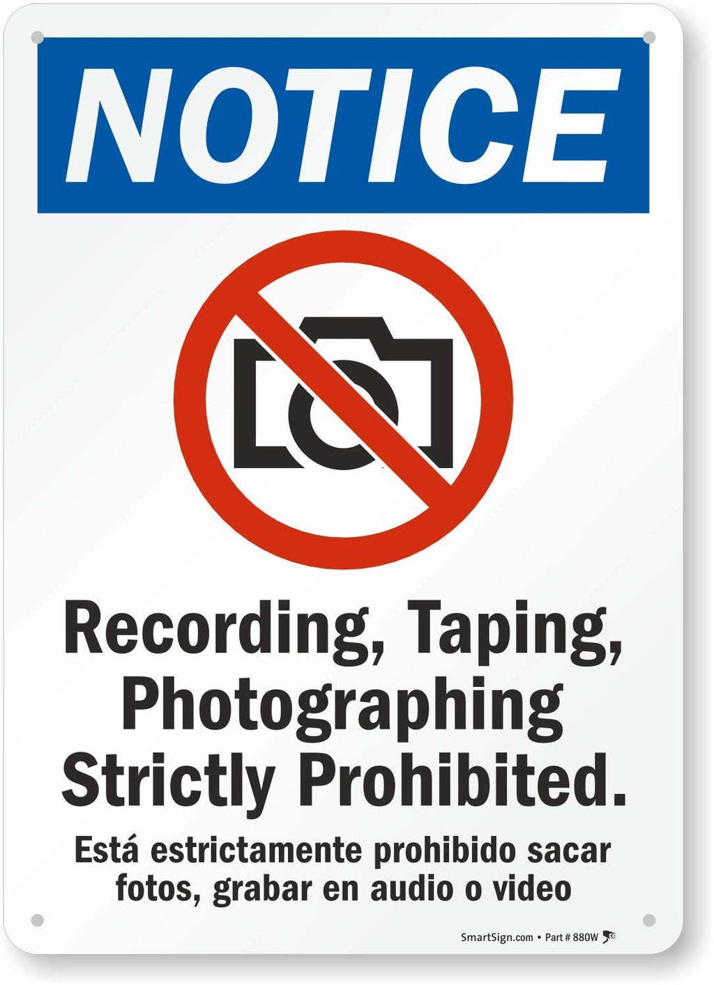 Plastic Notice Sign 10" x 14" - Recording & Photographing Prohibited