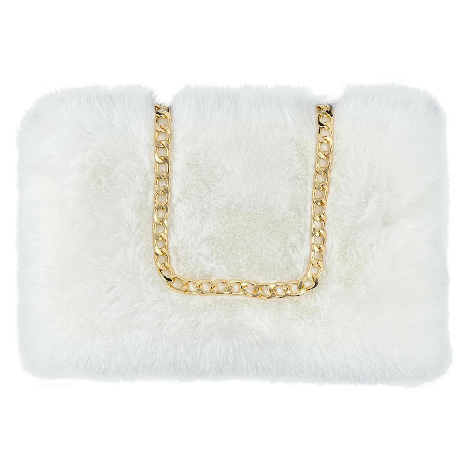 Faux Raccoon Fur Purse w/ Chain Strap for Women - Rabbit White