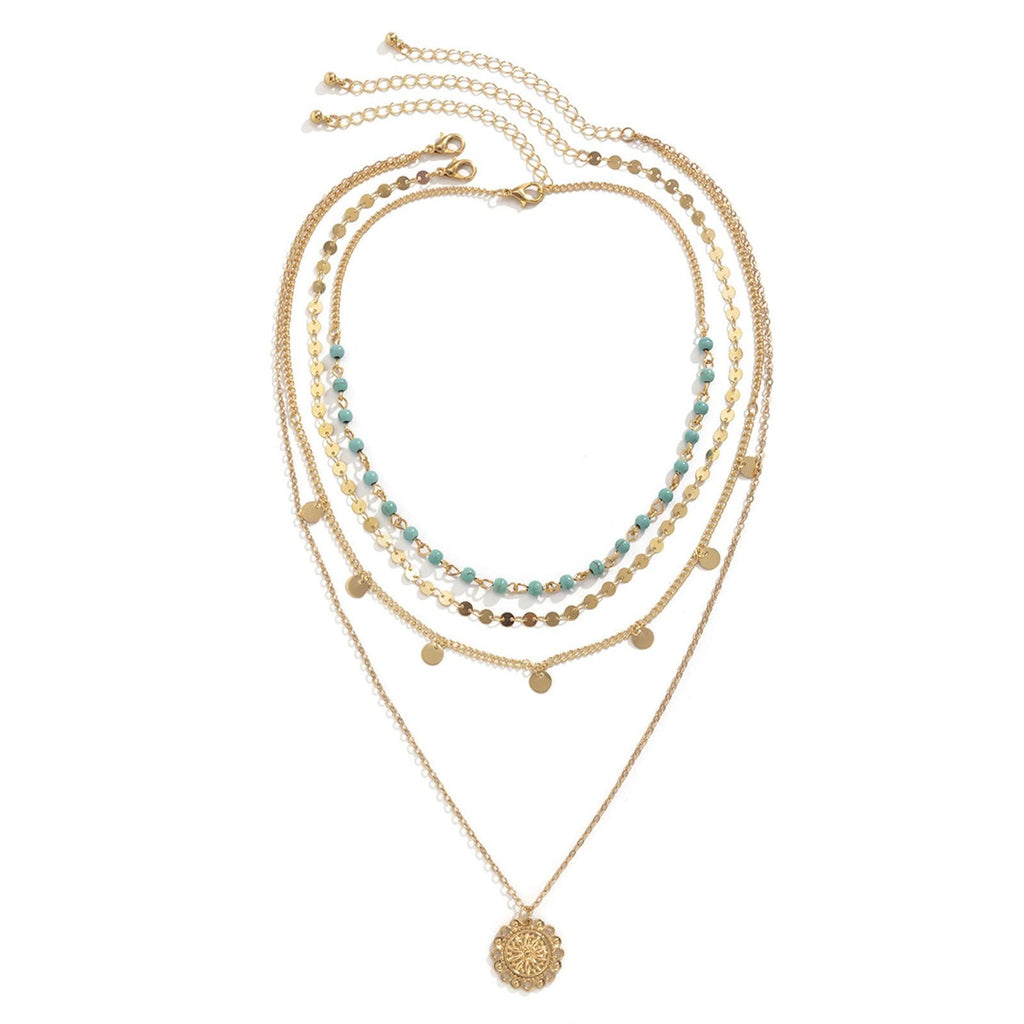 Gold Layered Turquoise Necklace 22.3in Boho Coin Pendant Jewelry